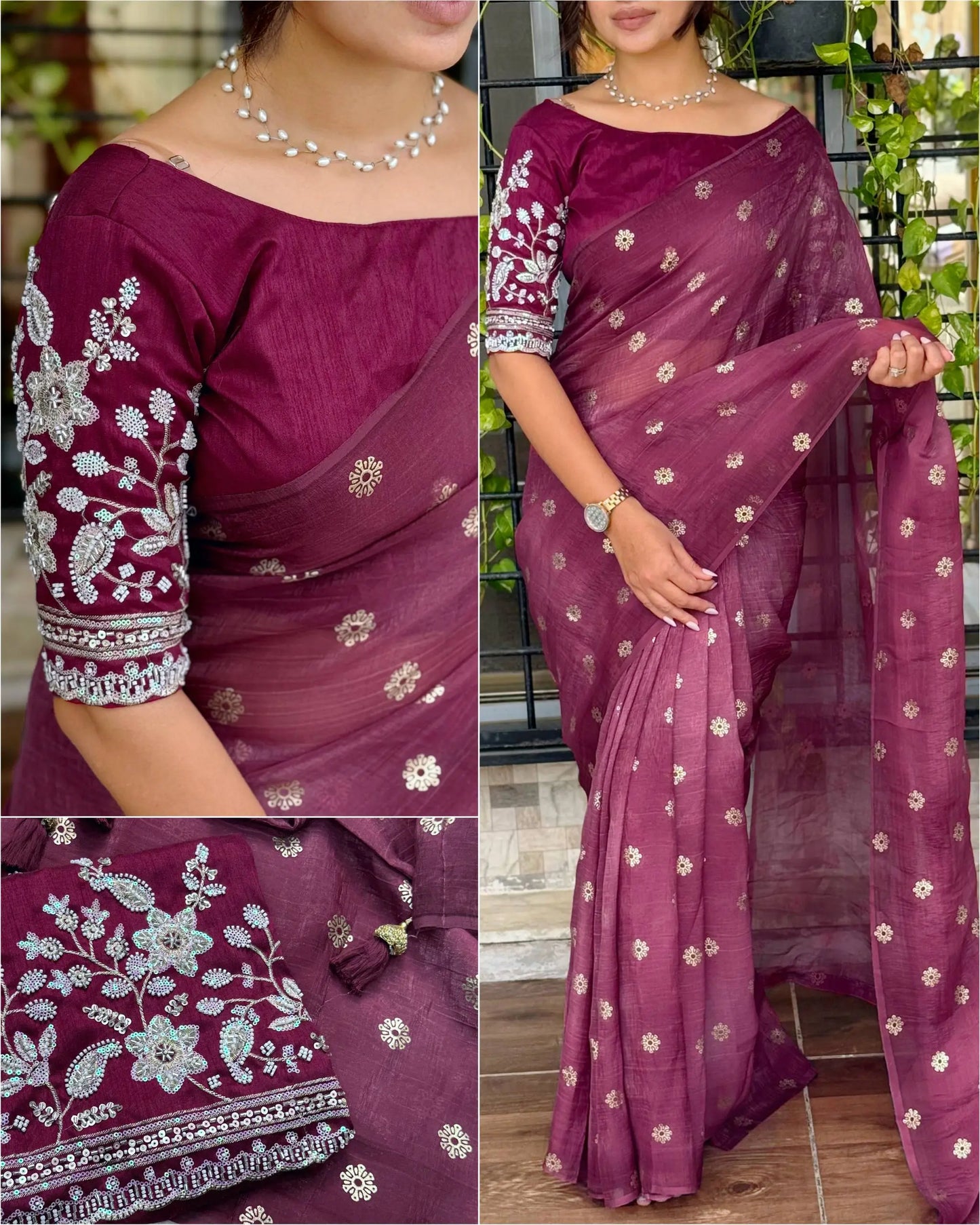Designer Tissue Crunchy Saree with 3D Foil Work & Pearl-Bead Embroidered Blouse – Festive Wear for Women RE