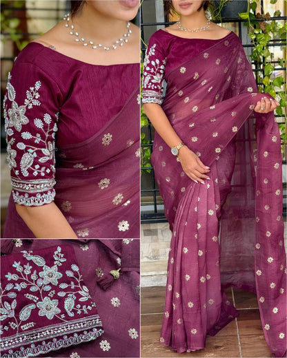 Designer Tissue Crunchy Saree with 3D Foil Work & Pearl-Bead Embroidered Blouse – Festive Wear for Women RE