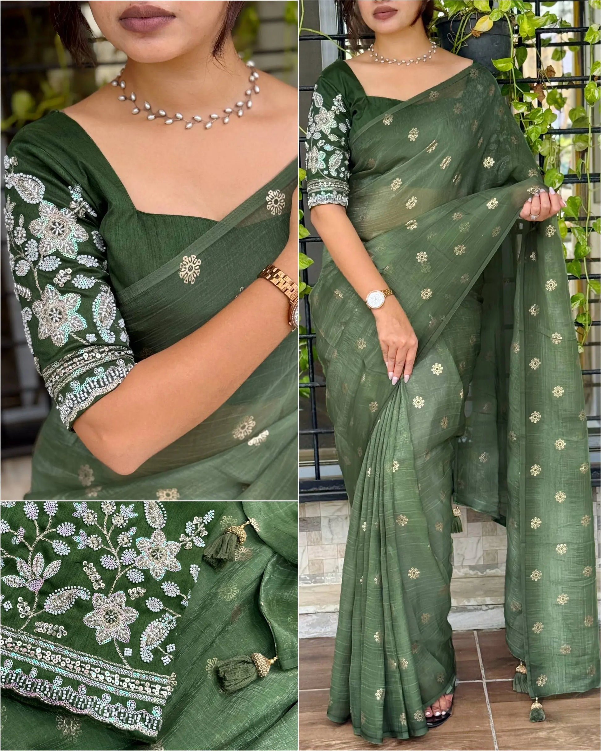 Designer Tissue Crunchy Saree with 3D Foil Work & Pearl-Bead Embroidered Blouse – Festive Wear for Women RE