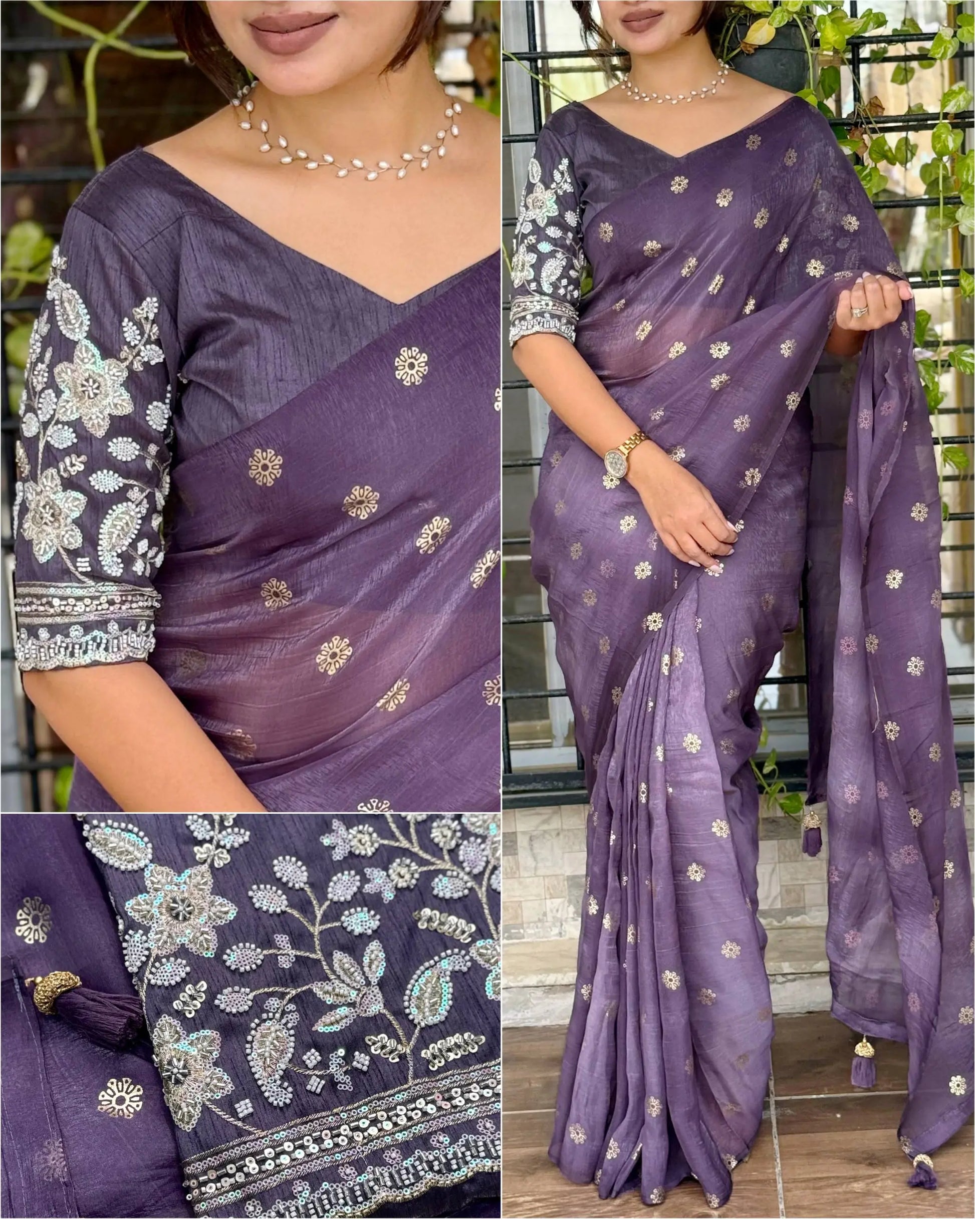 Designer Tissue Crunchy Saree with 3D Foil Work & Pearl-Bead Embroidered Blouse – Festive Wear for Women RE