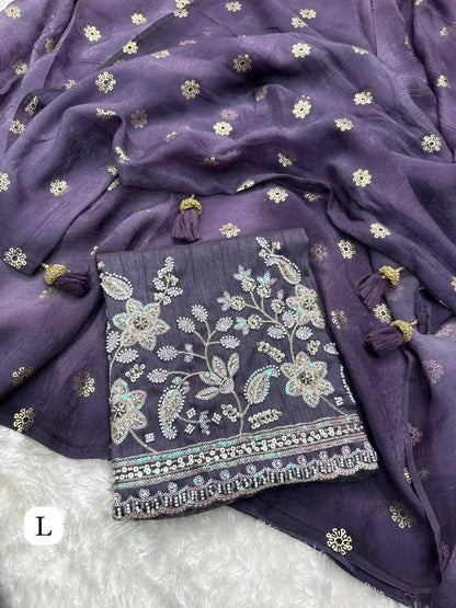 Designer Tissue Crunchy Saree with 3D Foil Work & Pearl-Bead Embroidered Blouse – Festive Wear for Women RE