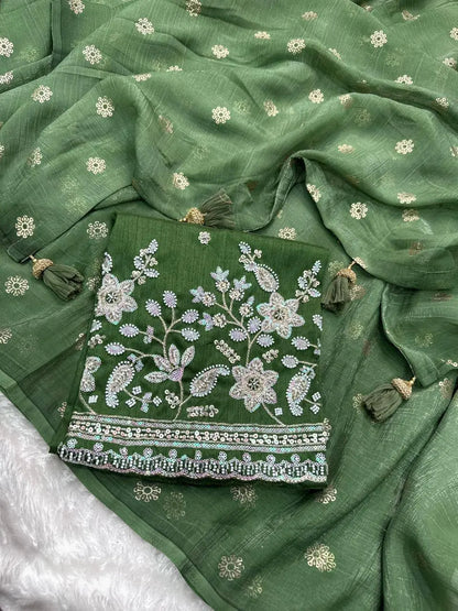 Designer Tissue Crunchy Saree with 3D Foil Work & Pearl-Bead Embroidered Blouse – Festive Wear for Women RE