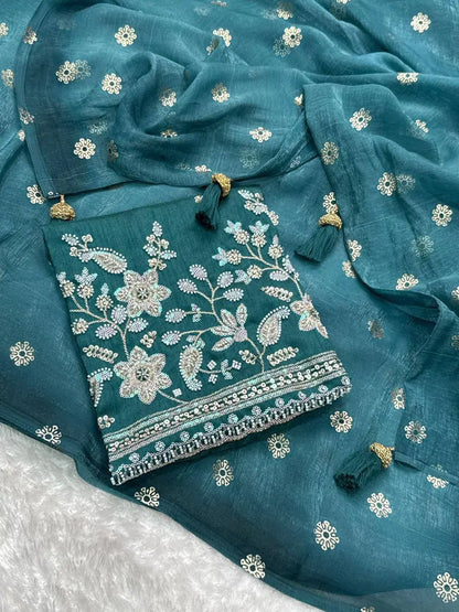Designer Tissue Crunchy Saree with 3D Foil Work & Pearl-Bead Embroidered Blouse – Festive Wear for Women RE