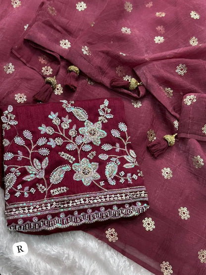 Designer Tissue Crunchy Saree with 3D Foil Work & Pearl-Bead Embroidered Blouse – Festive Wear for Women RE