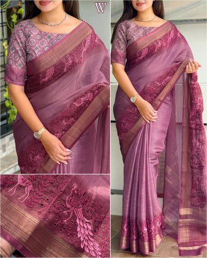 Designer Tussar Cotton Zari Silk Saree with Embroidery & Ajrakh Print Blouse – Festive & Wedding Wear for Women RE