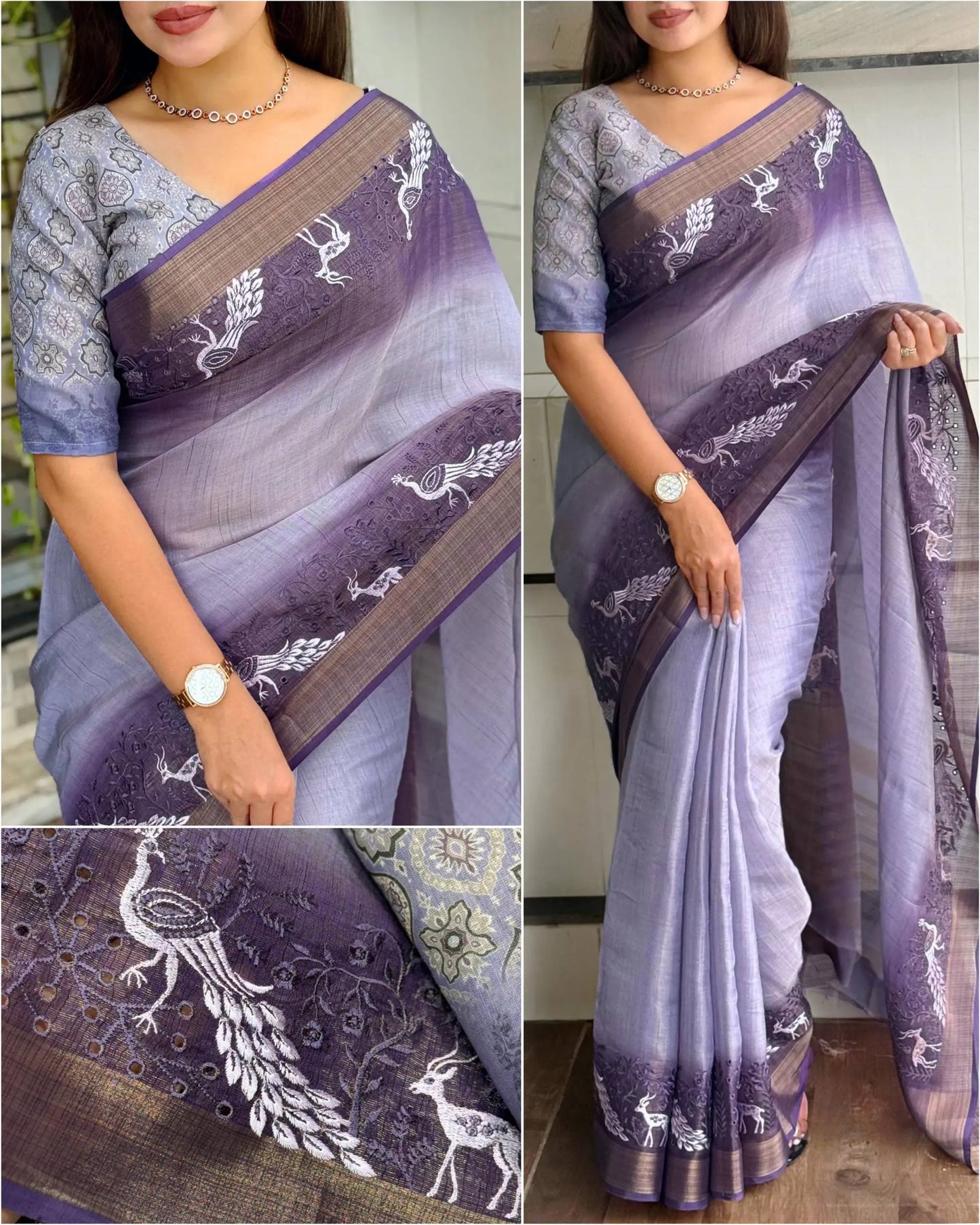 Designer Tussar Cotton Zari Silk Saree with Embroidery & Ajrakh Print Blouse – Festive & Wedding Wear for Women RE