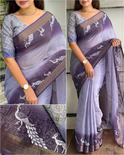 Designer Tussar Cotton Zari Silk Saree with Embroidery & Ajrakh Print Blouse – Festive & Wedding Wear for Women RE