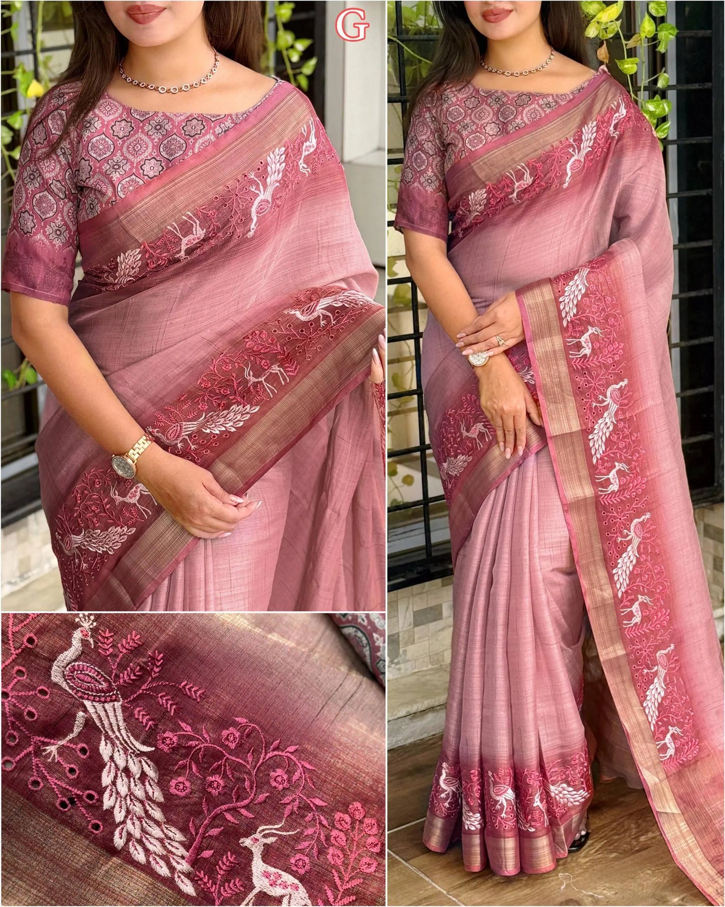 Designer Tussar Cotton Zari Silk Saree with Embroidery & Ajrakh Print Blouse – Festive & Wedding Wear for Women RE