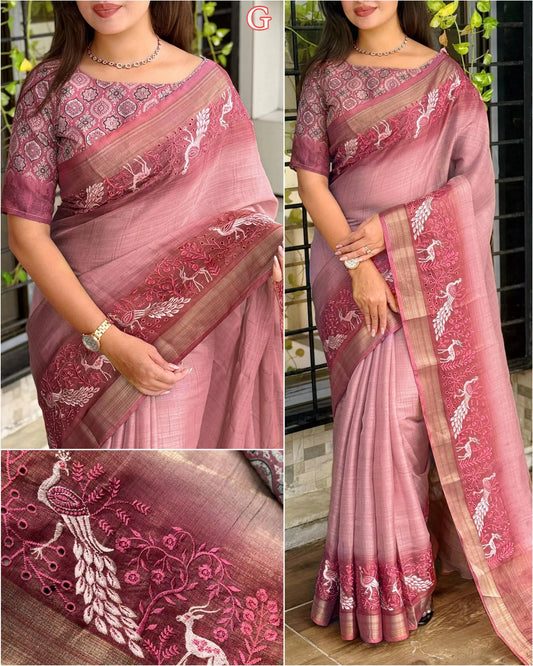 Designer Tussar Cotton Zari Silk Saree with Embroidery & Ajrakh Print Blouse – Festive & Wedding Wear for Women RE