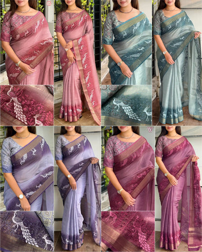 Designer Tussar Cotton Zari Silk Saree with Embroidery & Ajrakh Print Blouse – Festive & Wedding Wear for Women RE