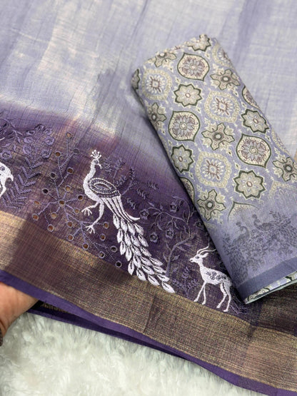 Designer Tussar Cotton Zari Silk Saree with Embroidery & Ajrakh Print Blouse – Festive & Wedding Wear for Women RE