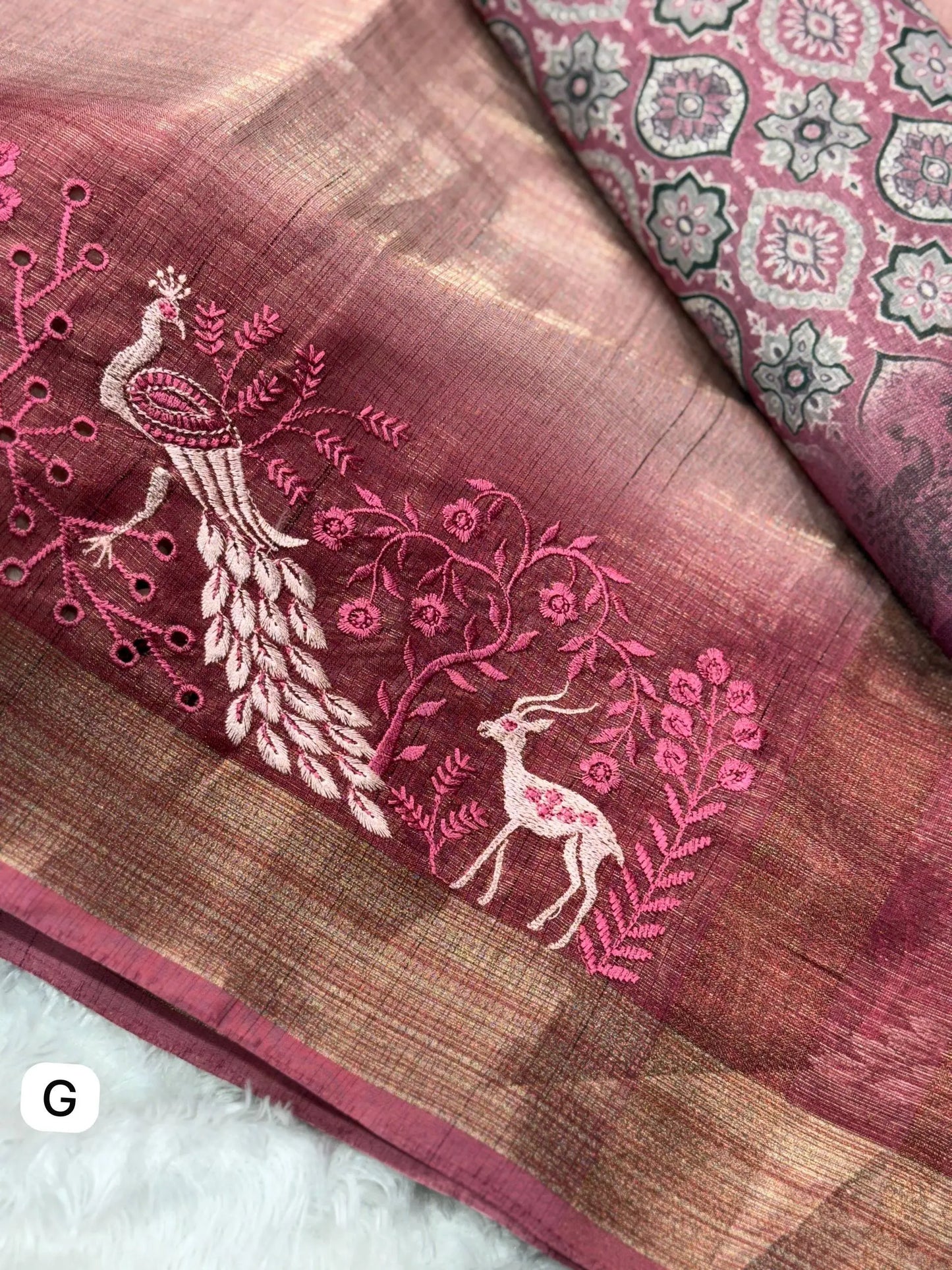 Designer Tussar Cotton Zari Silk Saree with Embroidery & Ajrakh Print Blouse – Festive & Wedding Wear for Women RE