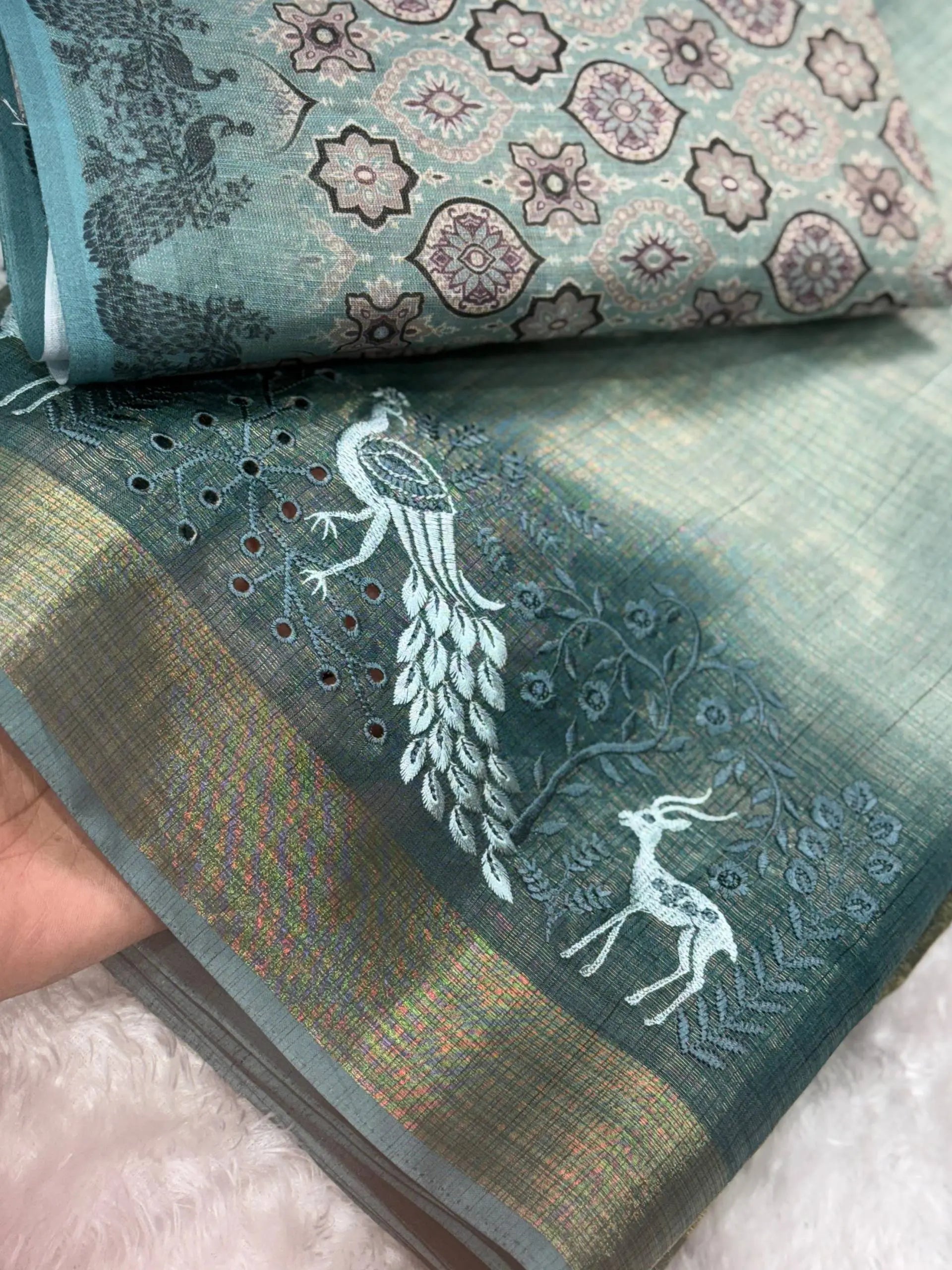 Designer Tussar Cotton Zari Silk Saree with Embroidery & Ajrakh Print Blouse – Festive & Wedding Wear for Women RE
