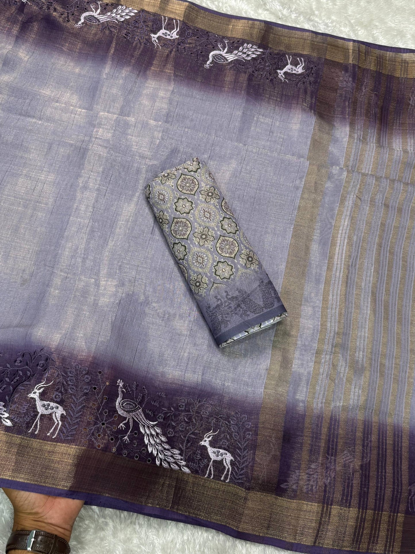 Designer Tussar Cotton Zari Silk Saree with Embroidery & Ajrakh Print Blouse – Festive & Wedding Wear for Women RE