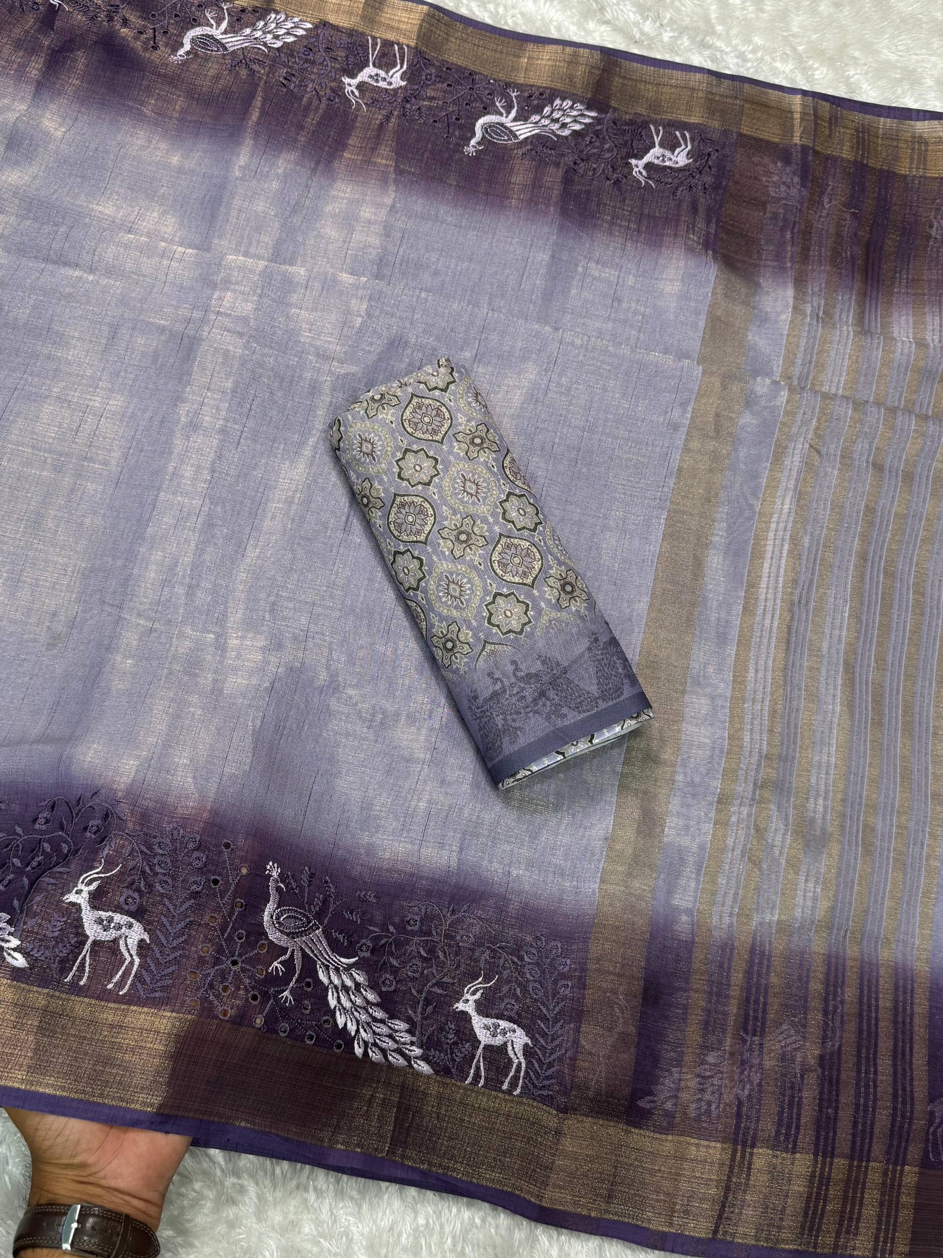 Designer Tussar Cotton Zari Silk Saree with Embroidery & Ajrakh Print Blouse – Festive & Wedding Wear for Women RE