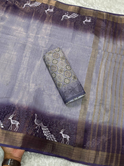 Designer Tussar Cotton Zari Silk Saree with Embroidery & Ajrakh Print Blouse – Festive & Wedding Wear for Women RE