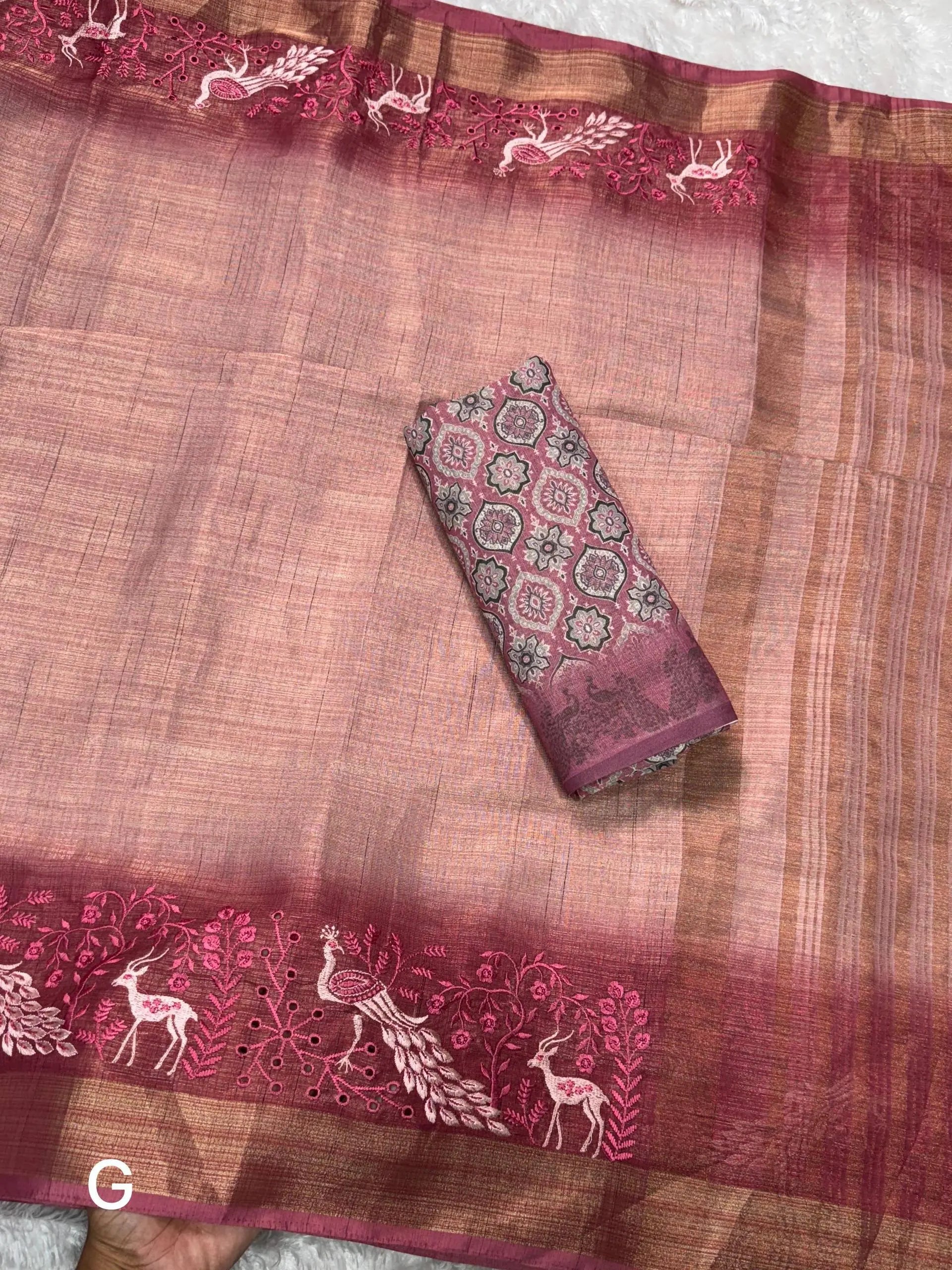 Designer Tussar Cotton Zari Silk Saree with Embroidery & Ajrakh Print Blouse – Festive & Wedding Wear for Women RE