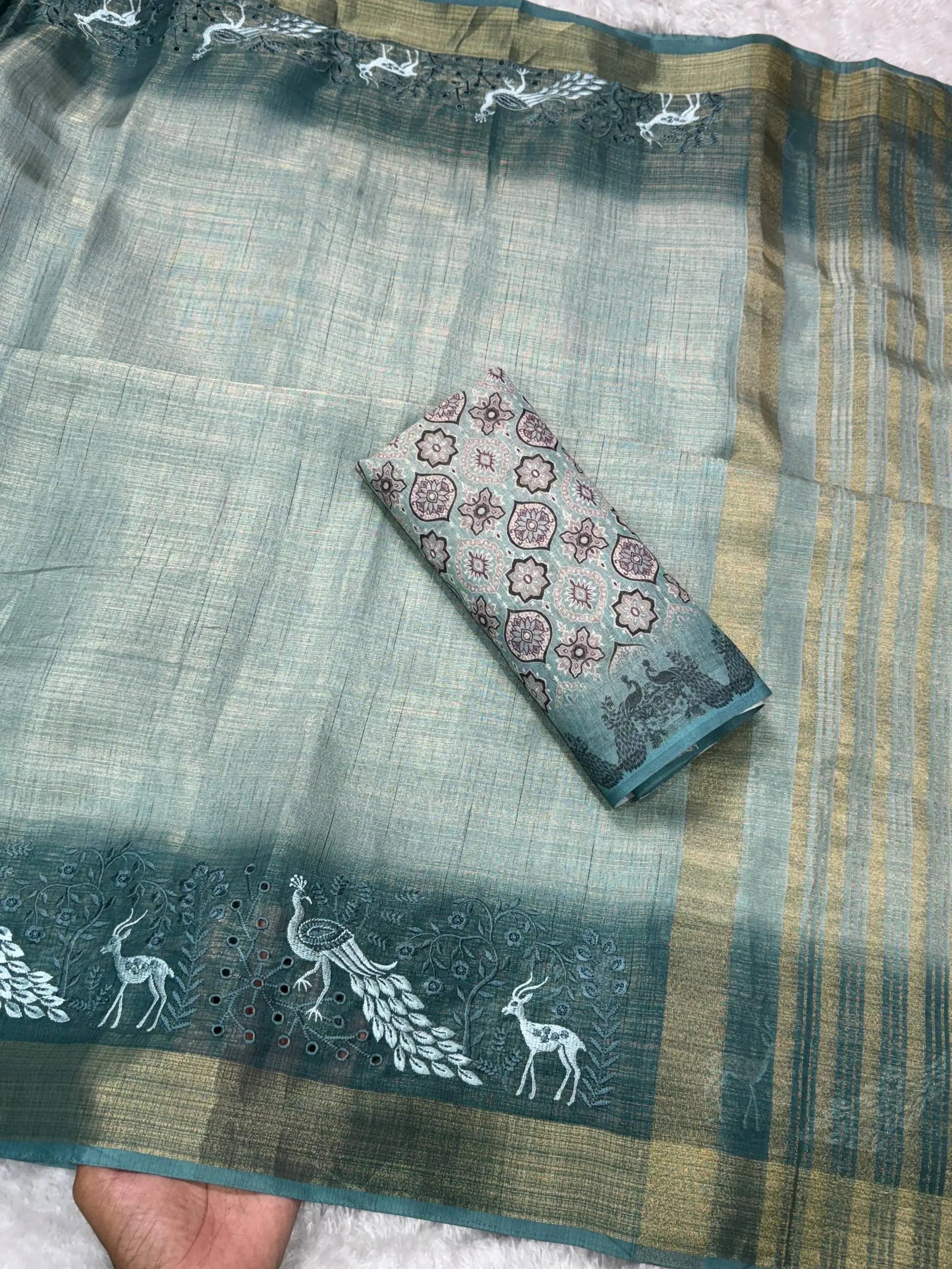 Designer Tussar Cotton Zari Silk Saree with Embroidery & Ajrakh Print Blouse – Festive & Wedding Wear for Women RE