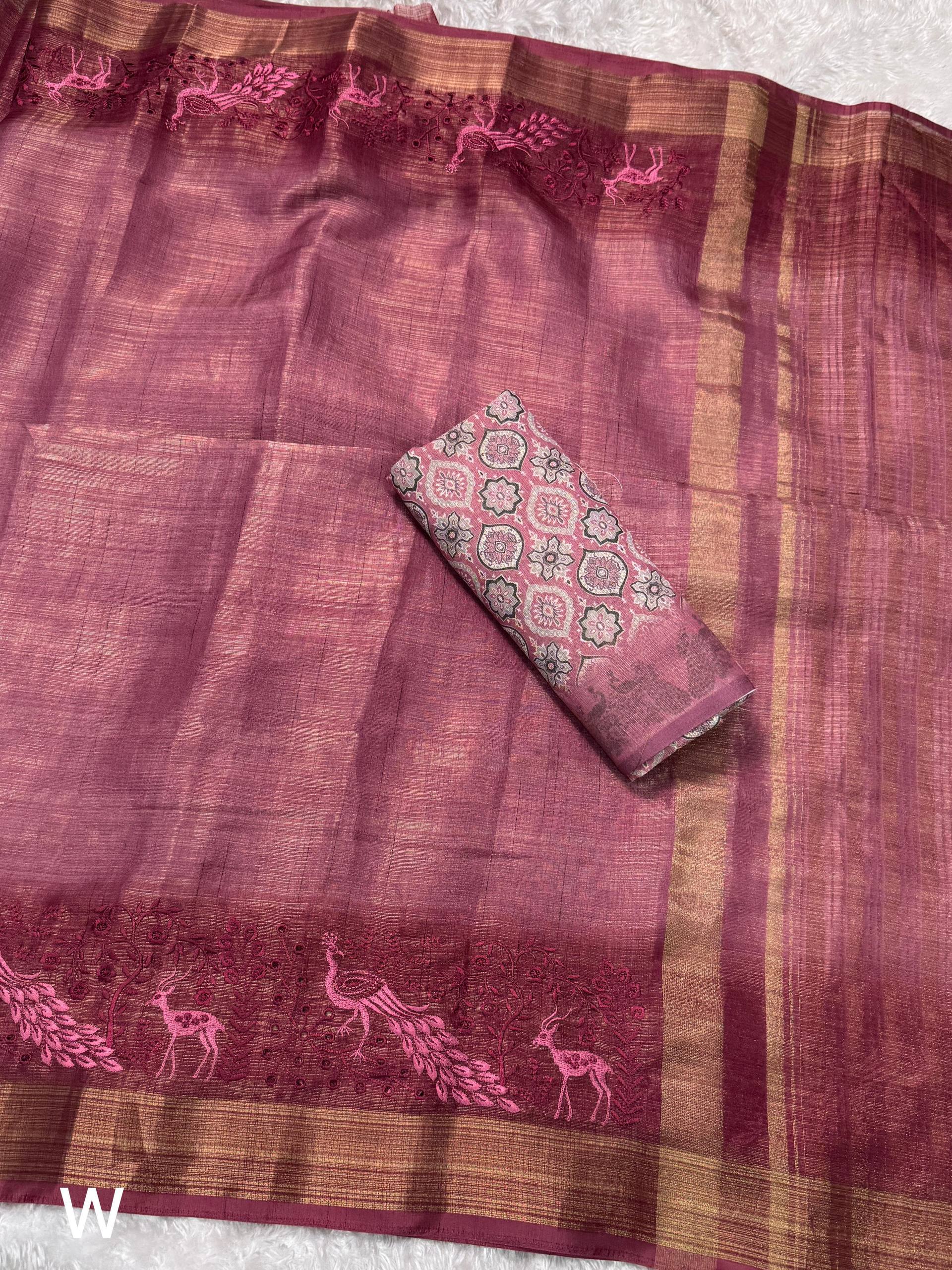 Designer Tussar Cotton Zari Silk Saree with Embroidery & Ajrakh Print Blouse – Festive & Wedding Wear for Women RE