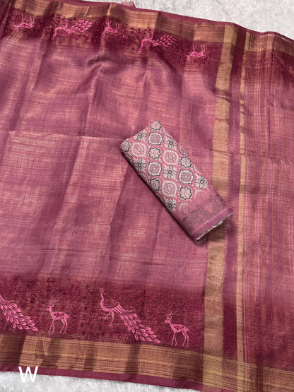 Designer Tussar Cotton Zari Silk Saree with Embroidery & Ajrakh Print Blouse – Festive & Wedding Wear for Women RE