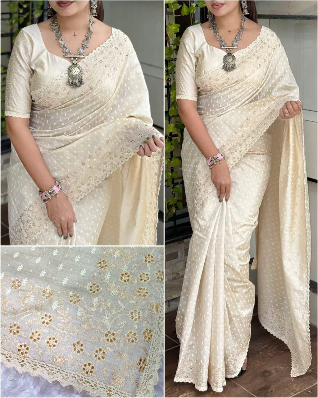 Elegant Cream Gold Tussar Cotton Saree with Embroidery & GPO Lace – Festive Ethnic Wear for Women RE