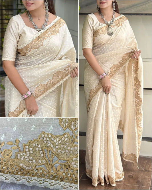 Elegant Cream Gold Tussar Cotton Saree with Embroidery & GPO Lace – Festive Ethnic Wear for Women RE