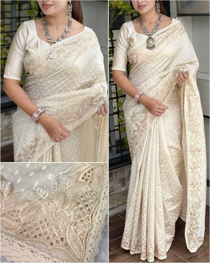 Elegant Cream Gold Tussar Cotton Saree with Embroidery & GPO Lace – Festive Ethnic Wear for Women RE