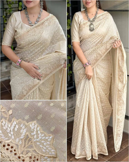 Elegant Cream Gold Tussar Cotton Saree with Embroidery & GPO Lace – Festive Ethnic Wear for Women RE
