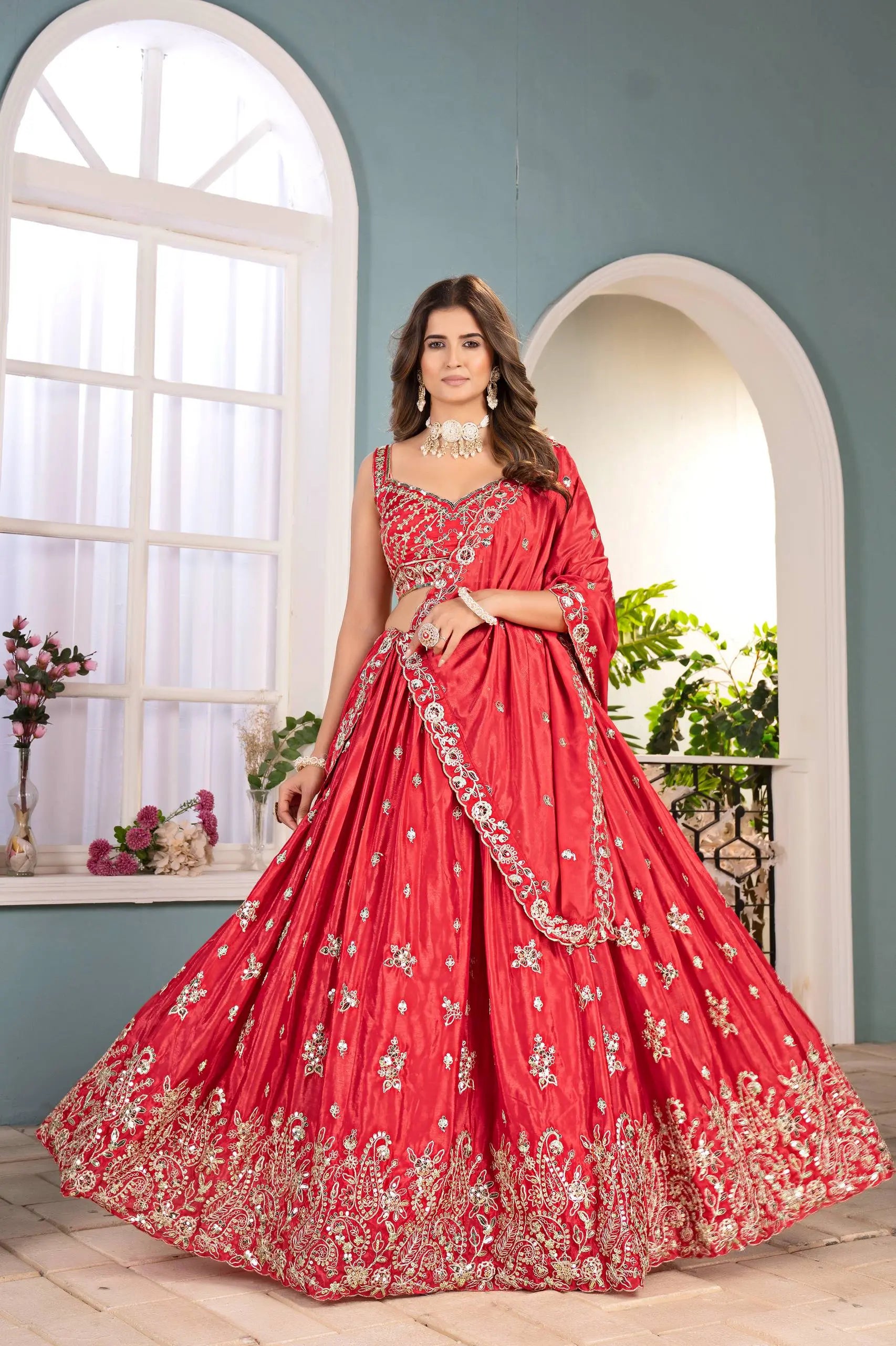 Elegant Red Embroidered Silk Lehenga Choli for Women | Designer Bridal & Party Wear Set RE