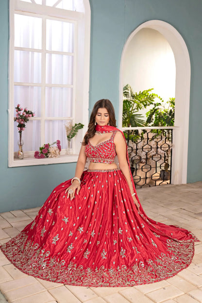 Elegant Red Embroidered Silk Lehenga Choli for Women | Designer Bridal & Party Wear Set RE