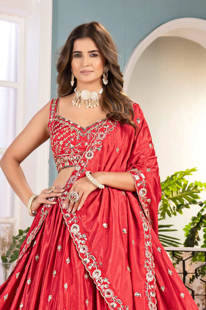 Elegant Red Embroidered Silk Lehenga Choli for Women | Designer Bridal & Party Wear Set RE