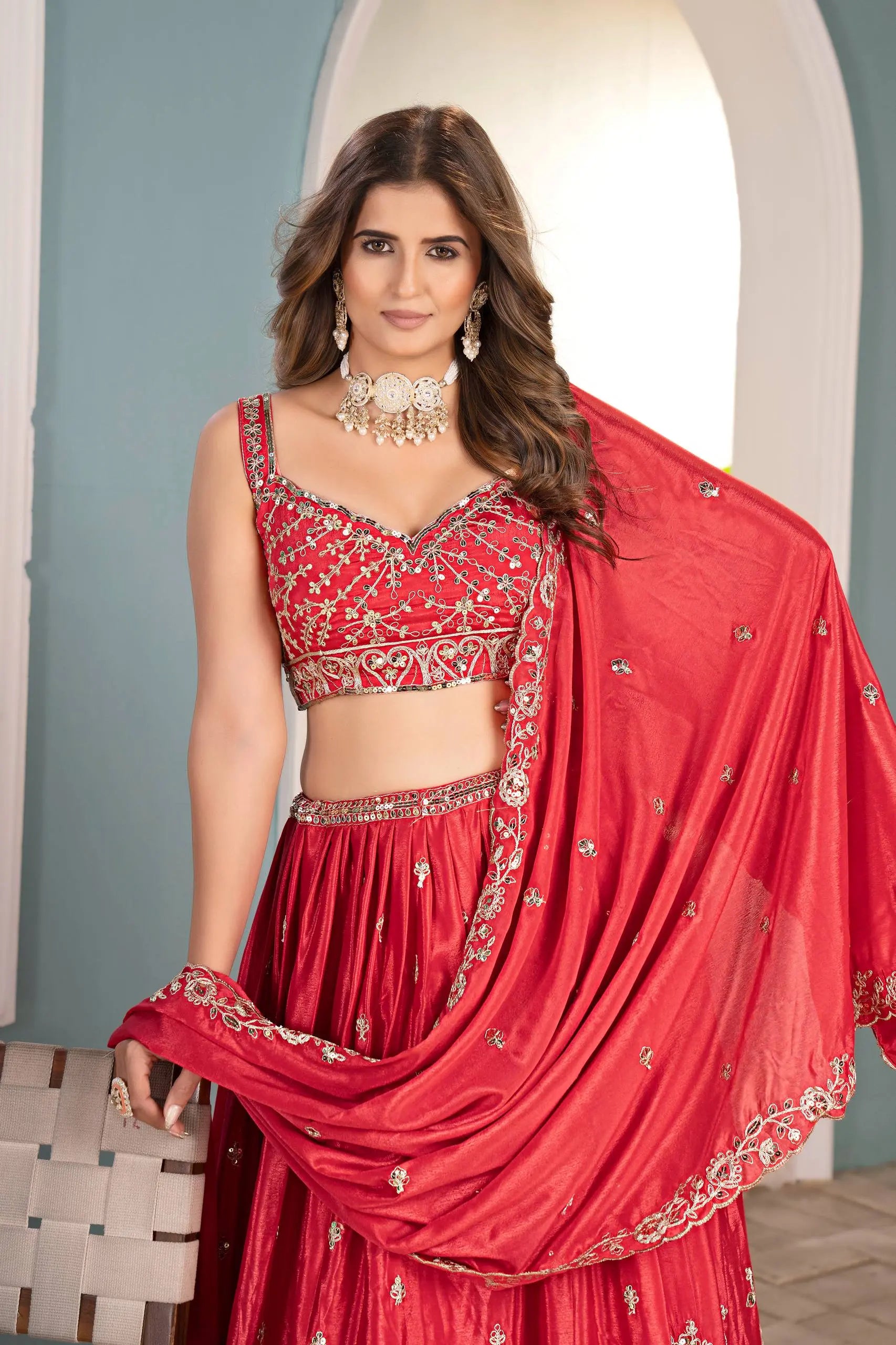 Elegant Red Embroidered Silk Lehenga Choli for Women | Designer Bridal & Party Wear Set RE