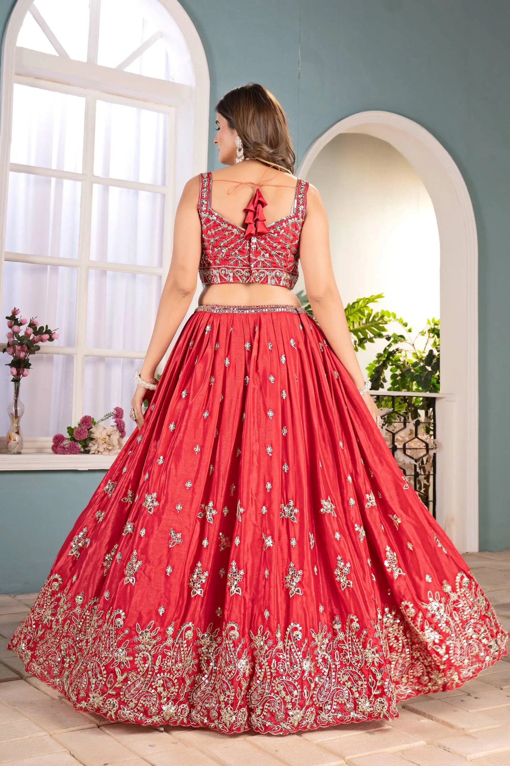 Elegant Red Embroidered Silk Lehenga Choli for Women | Designer Bridal & Party Wear Set RE