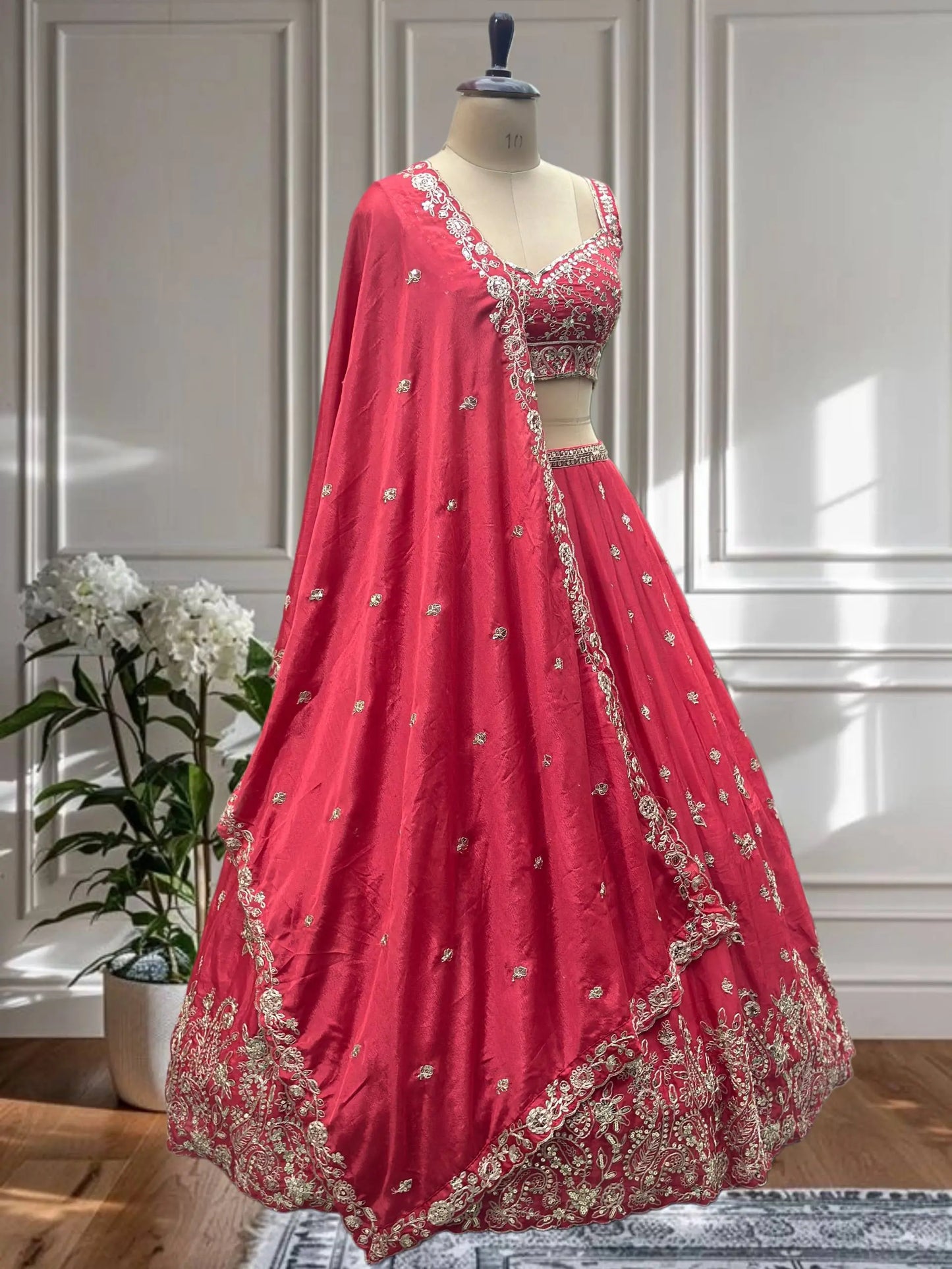 Elegant Red Embroidered Silk Lehenga Choli for Women | Designer Bridal & Party Wear Set RE