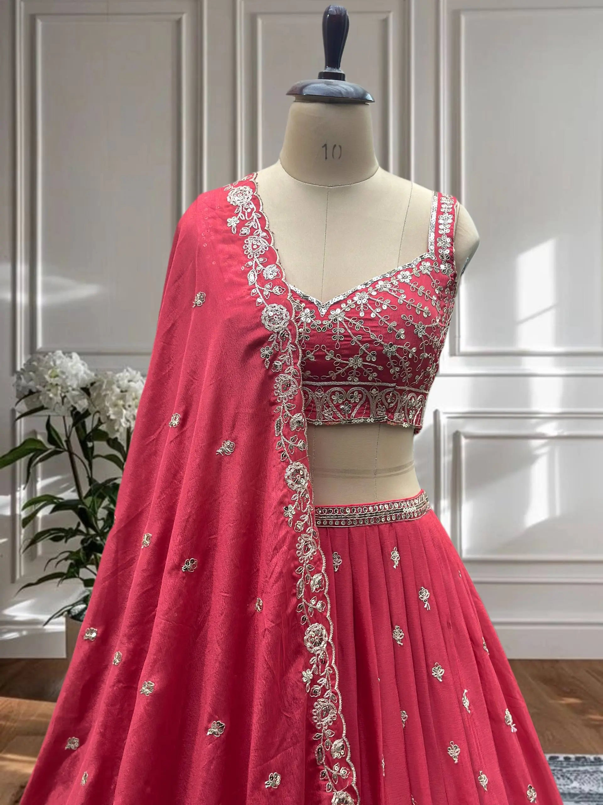 Elegant Red Embroidered Silk Lehenga Choli for Women | Designer Bridal & Party Wear Set RE