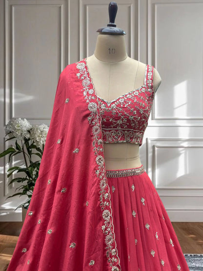 Elegant Red Embroidered Silk Lehenga Choli for Women | Designer Bridal & Party Wear Set RE