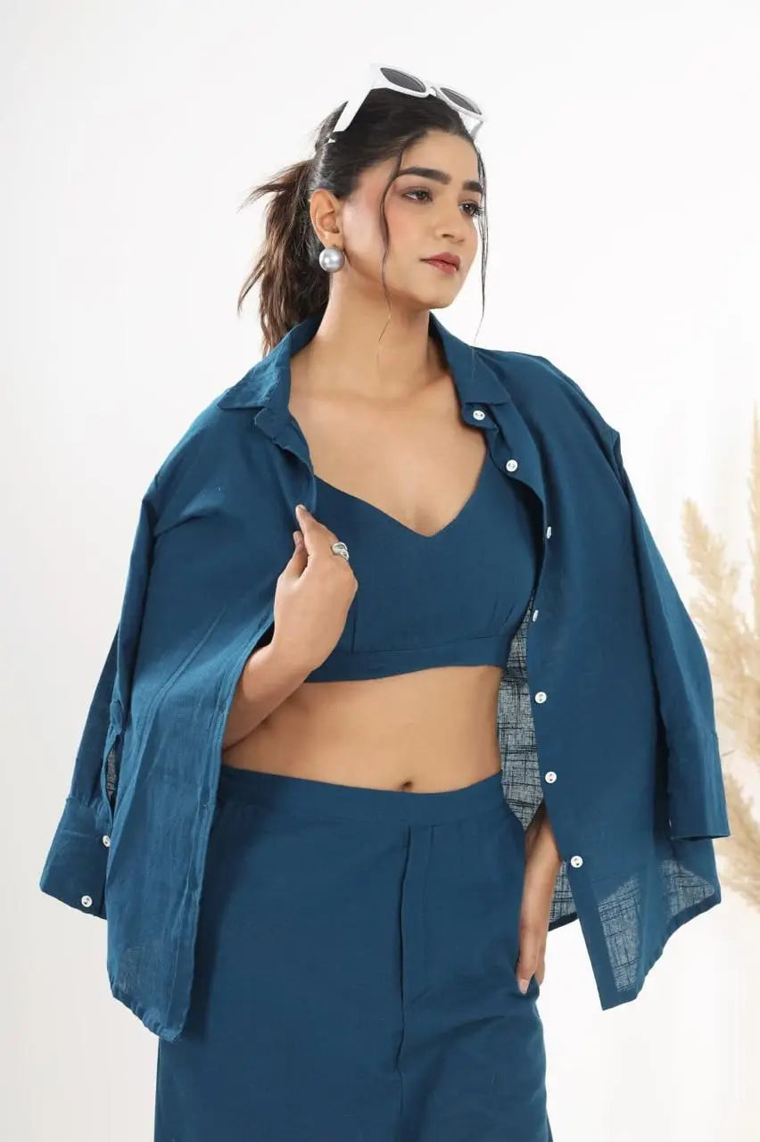 Women's Premium Cotton Slub 3-Piece Co-Ord Set | Stylish Button Shirt, Crop Top & Pants | Trendy Festive & Casual Wear RE