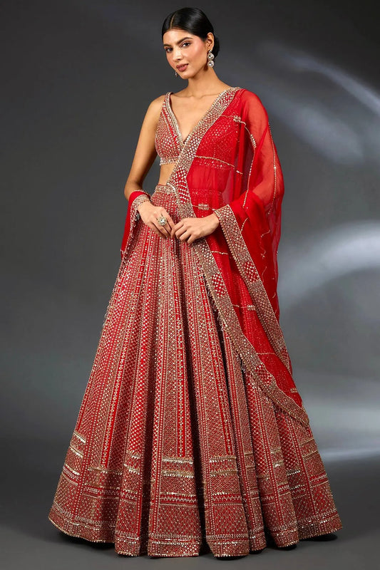 Red Heavy Malai Satin Lehenga Choli for Women | Sequins & Dori Work | Bridal Wedding Lehenga with Net Dupatta | 3.5 Meter Flair RE