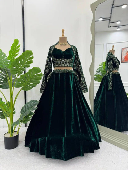Green Velvet Bridal/Party Lehenga | Heavy Embroidery | Semi-Stitch | Size Up to 44 RE