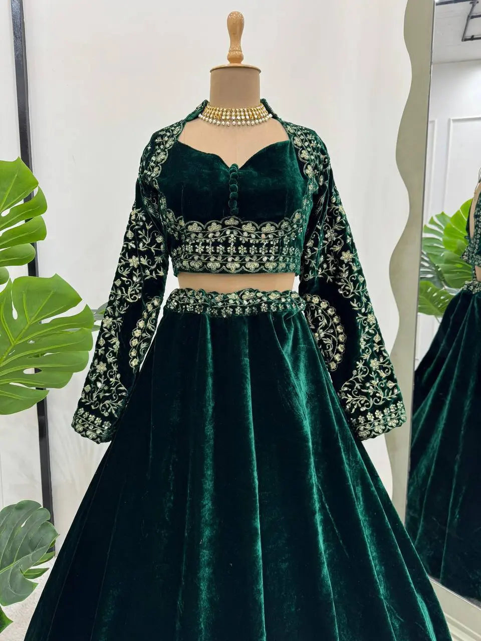 Green Velvet Bridal/Party Lehenga | Heavy Embroidery | Semi-Stitch | Size Up to 44 RE