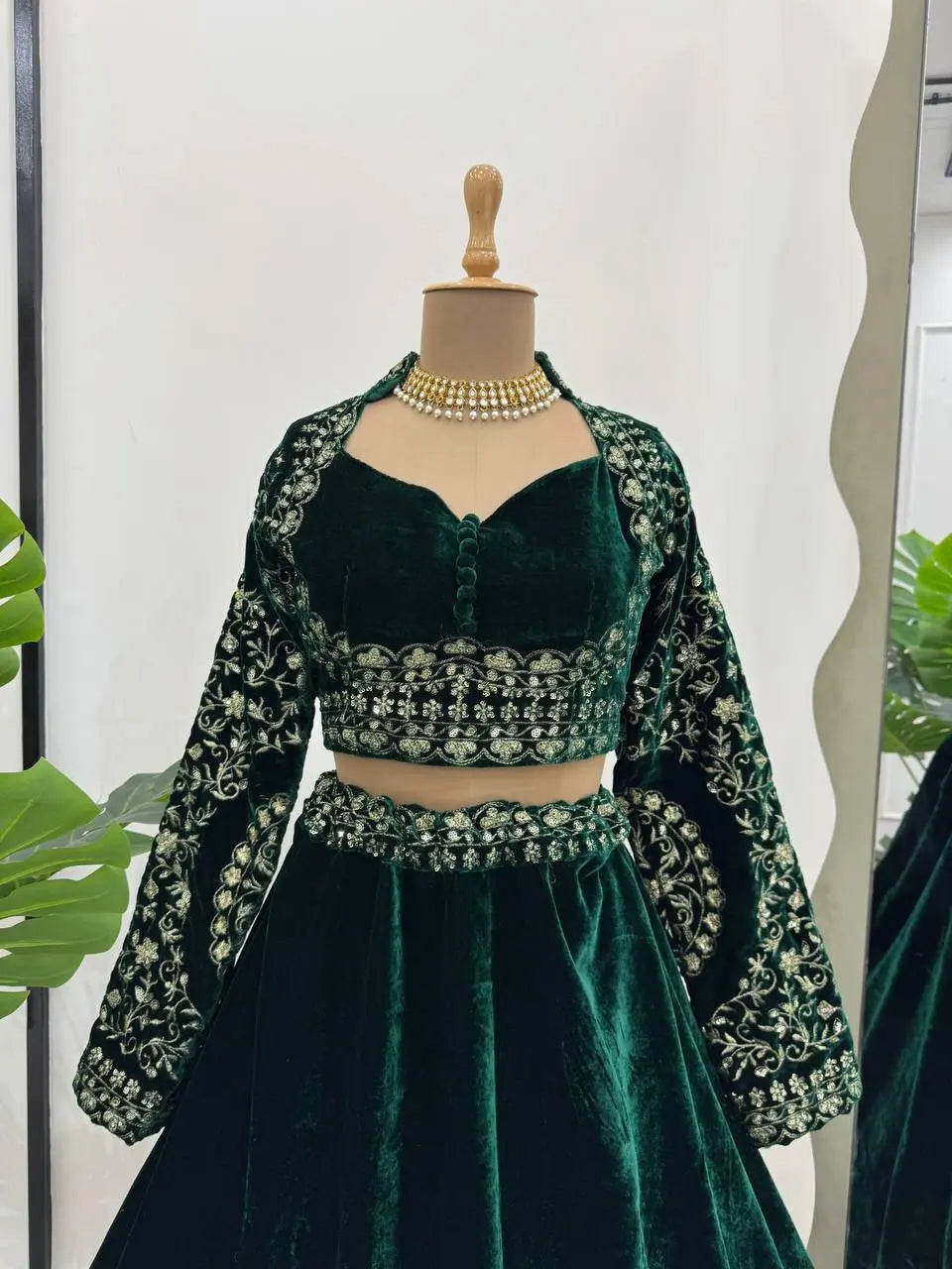 Green Velvet Bridal/Party Lehenga | Heavy Embroidery | Semi-Stitch | Size Up to 44 RE