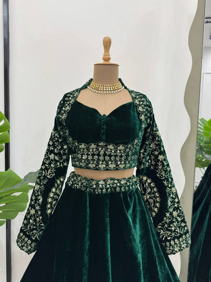 Green Velvet Bridal/Party Lehenga | Heavy Embroidery | Semi-Stitch | Size Up to 44 RE