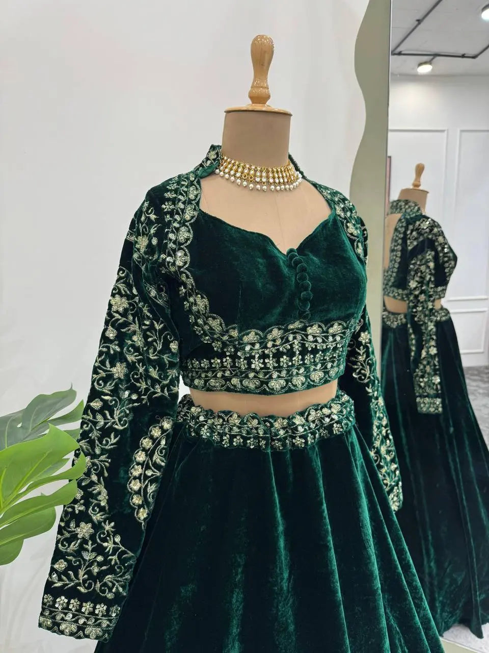 Green Velvet Bridal/Party Lehenga | Heavy Embroidery | Semi-Stitch | Size Up to 44 RE