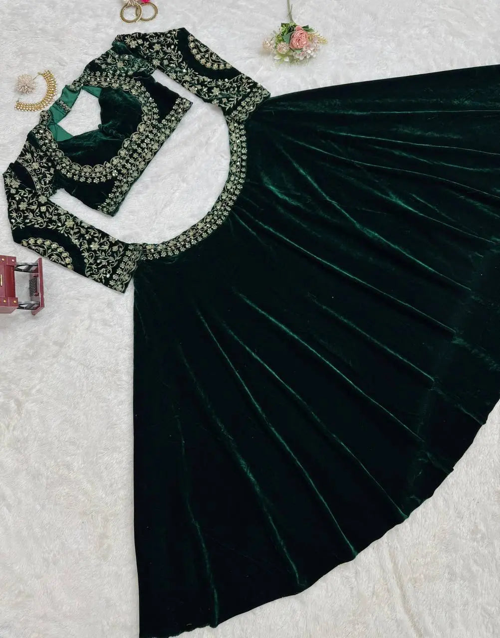 Green Velvet Bridal/Party Lehenga | Heavy Embroidery | Semi-Stitch | Size Up to 44 RE
