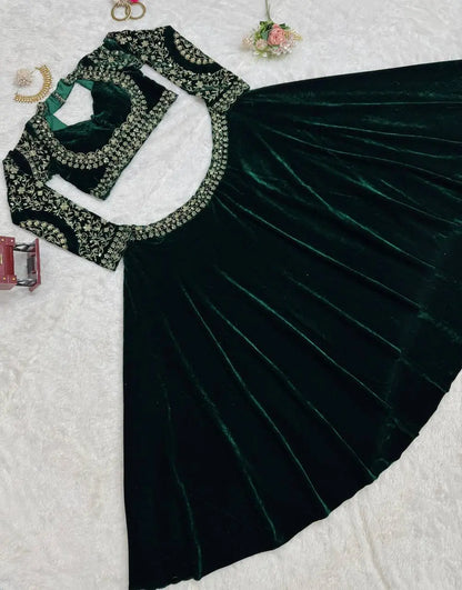 Green Velvet Bridal/Party Lehenga | Heavy Embroidery | Semi-Stitch | Size Up to 44 RE