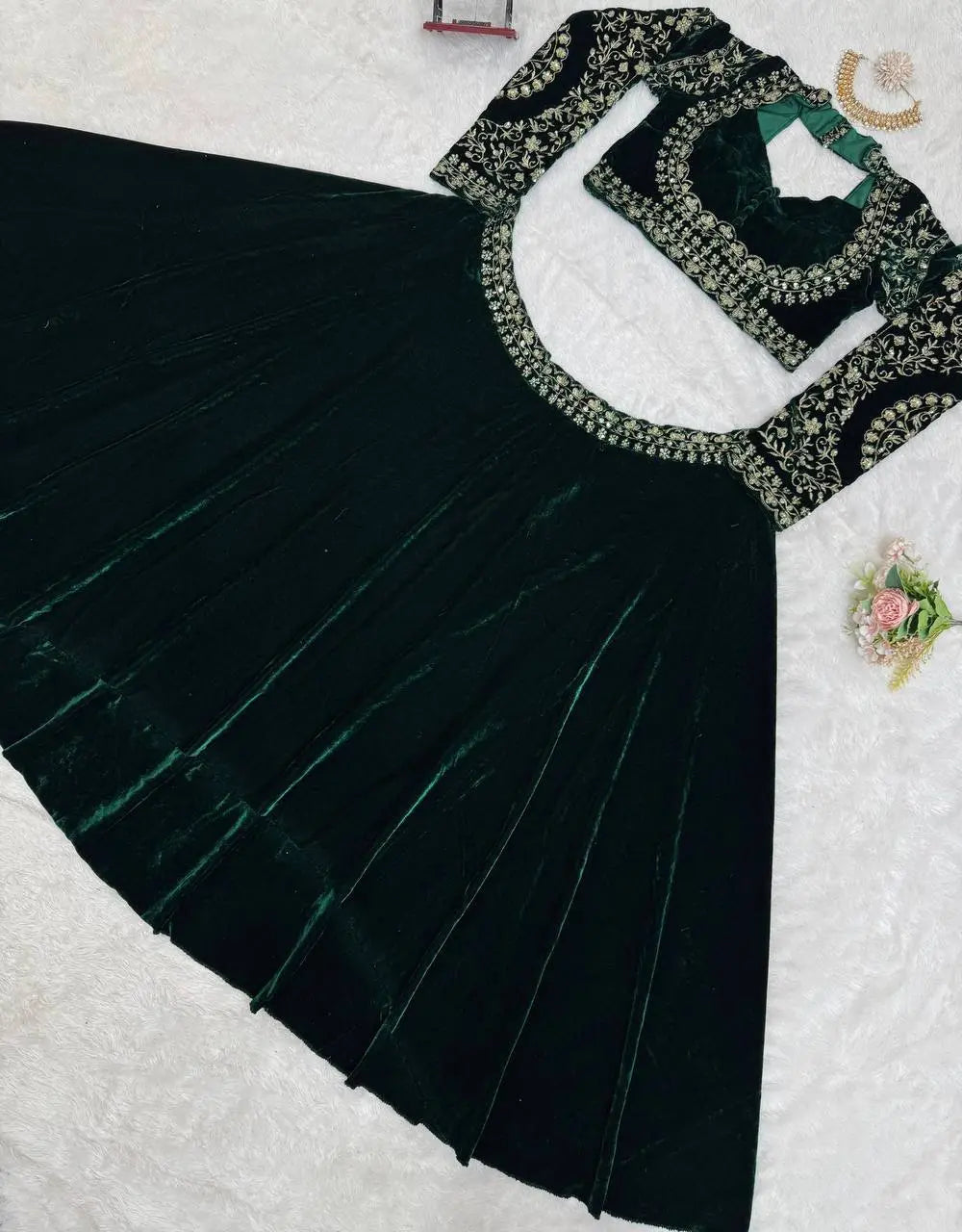 Green Velvet Bridal/Party Lehenga | Heavy Embroidery | Semi-Stitch | Size Up to 44 RE