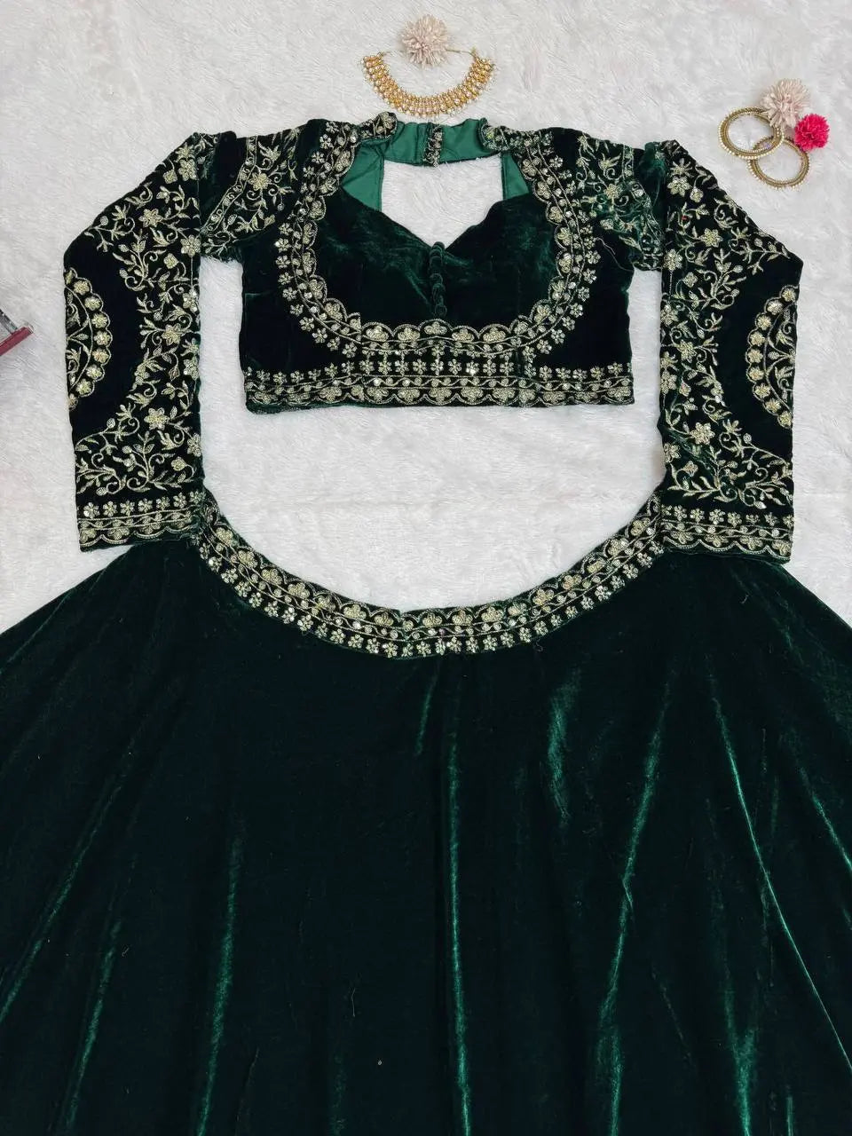 Green Velvet Bridal/Party Lehenga | Heavy Embroidery | Semi-Stitch | Size Up to 44 RE