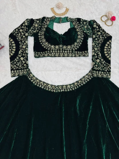 Green Velvet Bridal/Party Lehenga | Heavy Embroidery | Semi-Stitch | Size Up to 44 RE