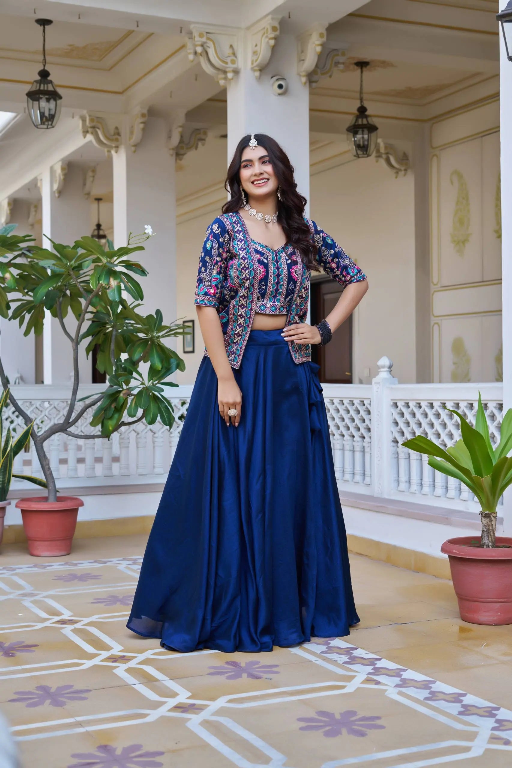 Pure Vichitra Lehenga Choli with Koti for Women | Heavy Embroidery Festival Wear | 8.5 Meter Flair Bridal Lehenga | Fully Stitched Koti Set RE