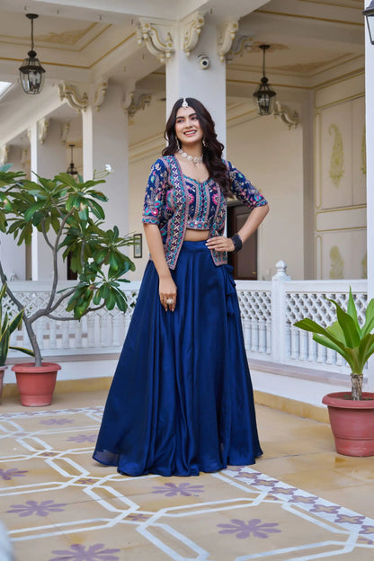 Pure Vichitra Lehenga Choli with Koti for Women | Heavy Embroidery Festival Wear | 8.5 Meter Flair Bridal Lehenga | Fully Stitched Koti Set RE